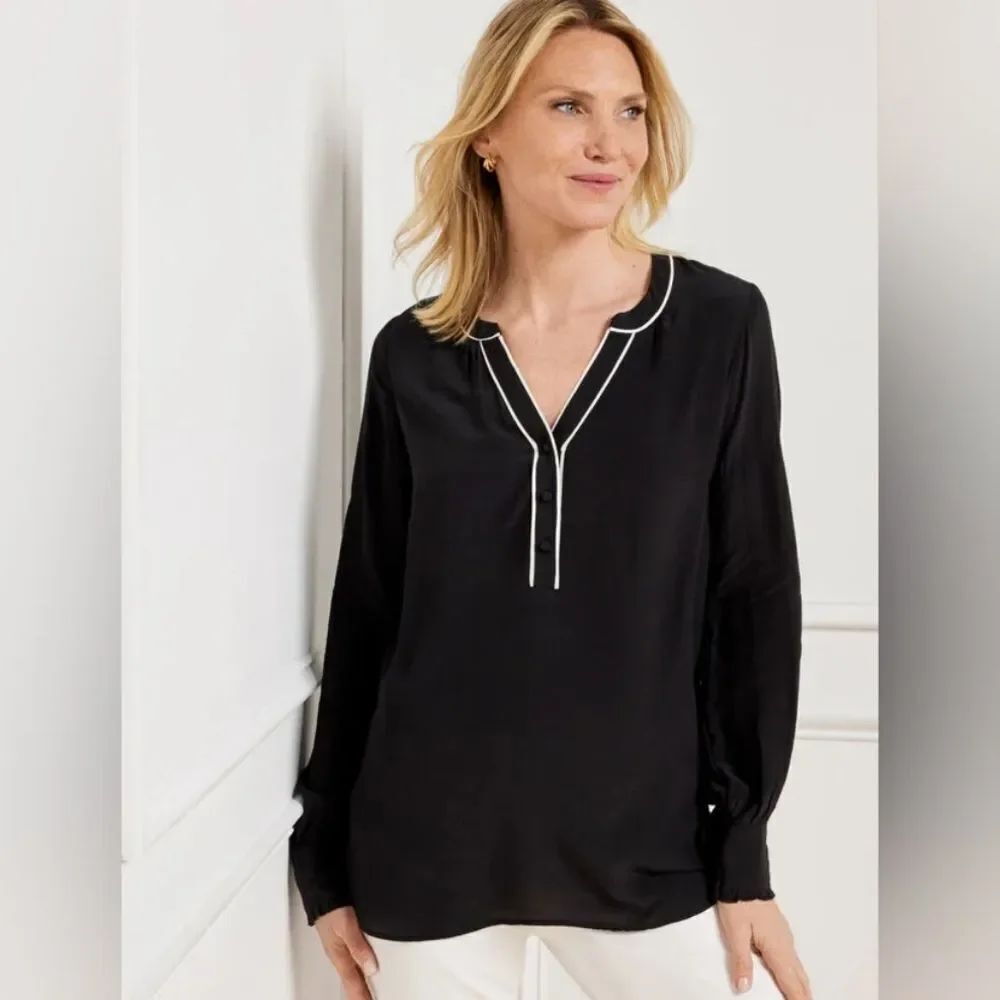 Talbot's Piped Placket Blouse Top Size M Black